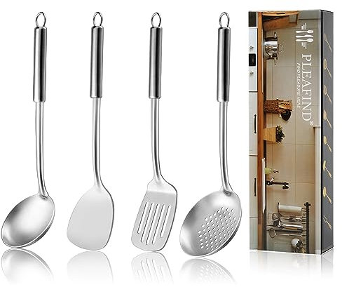Pleafind utensilios de cocina, 4P set utensilios de cocina, set cocina acero inoxidable, utensilios de cocina y espumadera, espatula cocina, cucharones de cocina y volteador ranurado