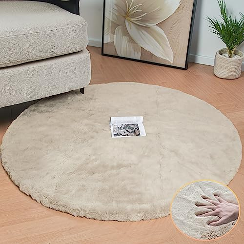 ORINOVA Runder Teppich Beige Flauschig Fellteppich 120 cm Kunstfell Teppich Schlafzimmer Rund Wohnzimmer Bettvorleger Kinderzimmer Weich Waschbar