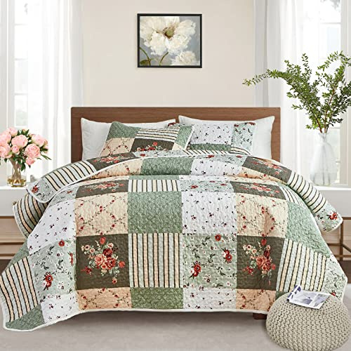 Patchwork Quilt Set California King Size, 3 Pieces Green Floral Plaid Summer Bedspread Coverlet Set, Soft Microfiber Lightweight Bed Cover for All Season (102 x 114, 1 Quilt+ 2 Pillow Shams)