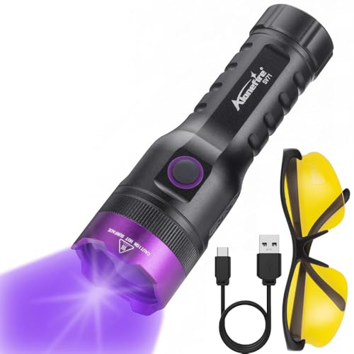 ALONEFIRE SV71 UV-Taschenlampe, 365 nm, stark, 15 W, USB, wiederaufladbar, Schwarzlicht, Gelddetektor für Harzhärtung, Haustierurin, Skorpion, Angeln, Härtekleber mit UV-Schutzbrille, Batterie