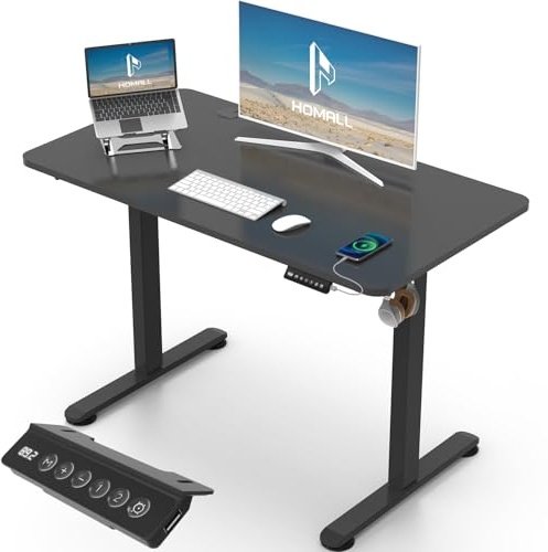 Homall Höhenverstellbarer Schreibtisch 100x60cm mit USB-Anschluss,Schwarz | Höhe verstellbar 73-118 cm, Memory-Funktion mit 2 Höhen,1 Haken, Bürotisch