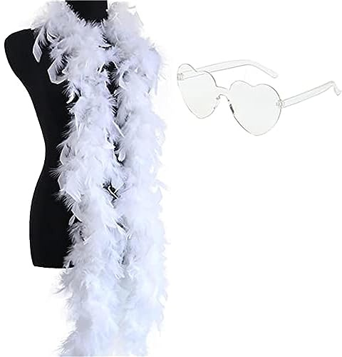 ZOOMPIL Boa Plume Blanc, Boa en Plumes pour Femme, avec Lunettes Coeur, pour Fête Moderne, Fête de Mariage, Cosplay, Décoration de Costume d'halloween