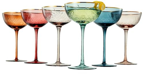 Vintage Art Deco Coupe for Champagne, Martini, Cocktails | Set of 6 | 7 oz Classic Cocktail Glassware - Manhattan, Cosmopolitan, Sidecar, Crystal Speakeasy Style Saucer Goblets with Stems (Muted)