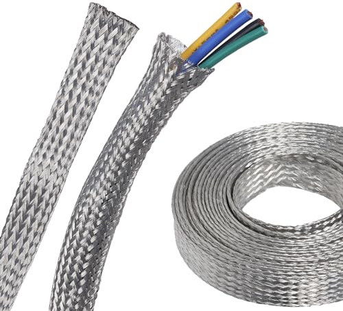 Flat Tinned Copper Wires Shielding Sleeving,Wire Cable Braided Sleeve Shield Metal Ground Straps EMI/RFI Mesh Protect (Silver, 9/16-22ft)
