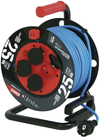 EMOS enrouleur de câble d'exteriéur, résistant au gel avec isolation en PVC durable, 25m de câble 1,5 mm2, 4 prises avec couvercles rabattables, IP44 étanche pour l'extérieur, l'industrie, le chantier