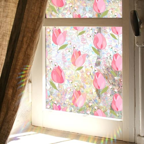 LWLFC Fensterfolie Blickdicht 40x100cm Rosa Tulpe Sichtschutzfolie Fenster Selbsthaftend,Milchglasfolie Anti-Uv,Folie Fenster Sichtschutz,Blickdichte Fensterfolie