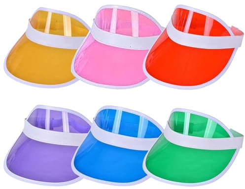 Uwiyo 6 Stück Unisex Sonnenvisier, 80er Jahre Retro Neon Sonnenvisier Kunststoff Sonnenblende Hüte Sonnenkappe für Golf Tennis and Pokerpartys