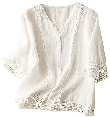 Chemisier Lin Rétro Brodée pour Femmes T-Shirts Manches 3/4 Coton et Lin Blouse Couleur Unie Col en V Décontracté Chemisier D'été Automne Travail de Bureau Ample et Mince Pas Cher Casual Lâche