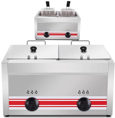 LSHFYV Friteuse Gaz, Friteuse à Gaz Professionnelle Gpl, Friteuse Commerciale en Acier Inoxydable avec Paniers Et Couvercles De Friteuse, Réglage Manuel De La Température,Doublecylinder10l+10l