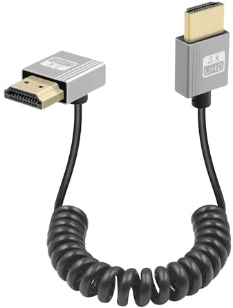 GELRHONR Câble HDTV spiralé 4k, haute vitesse 4K@60Hz - Rallonge HDTV fine mâle-mâle, câble flexible à ressort pour moniteurs intégrés à la caméra, téléviseurs, projecteurs (Down Angle)