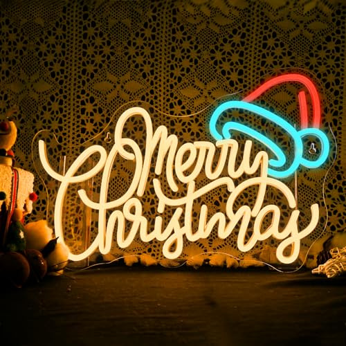 LUCUNSTAR Merry Christmas Hat Neon Schild,Neonschild Wanddekoration,Dimmbar Neon Signs mit USB für Partys im Innenbereich,Fenster,Kinder,Schlafzimmer,Wohnzimmer,Hochzeit,Bar,Pub-Club Leuchtschild