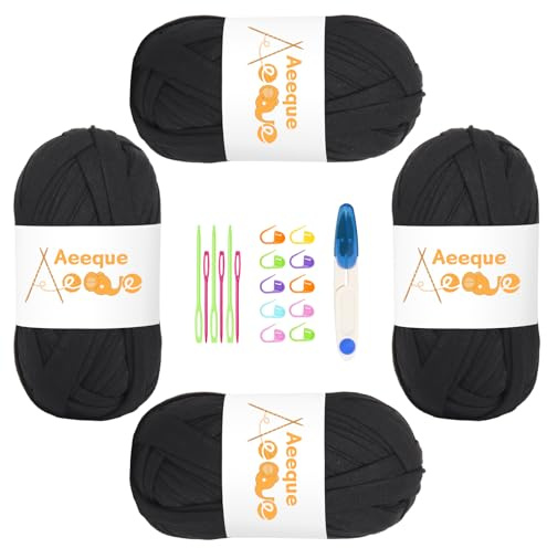 Aeeque Textilgarn, T Shirt Garn zum Häkeln, Bändchengarn für Körbe, Tshirtgarn zum Häkeln Taschen,Dicke Häkelgarn 4 x 100g, T-shirt Garn Schwarz