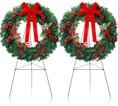 Crowye 4-teiliges Weihnachts-Gedenkkranz-Set beinhaltet 2 x 50,8 cm Weihnachtskranz, 2 x 76,2 cm Staffelei-Ständer, Urlaub, Außenbereich, Hof, Kranz, Dekoration für den Außenbereich, Grabstein,