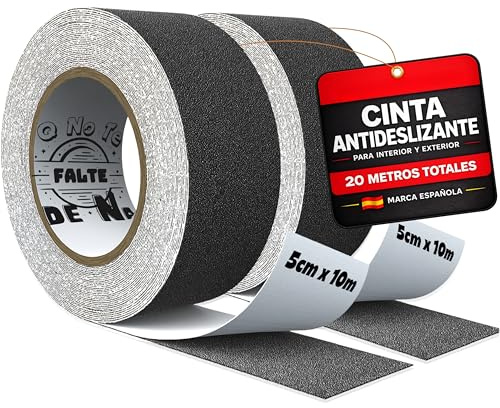 Cinta antideslizante negra pack 2 rollos 5 cm x 10 m total 20 metros seguridad para escaleras suelos y rampas protección para niños mayores y mascotas uso interior y exterior certificación REACH