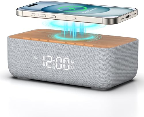 REACHER Alarm Clock Radio with Wireless Charging, Fast Magnetic Charging for Phone/iPhone, Bluetooth Speaker, FM Radio, Dimmable Digital Clock for College Dorm, Bedroom, Bedside, Desk