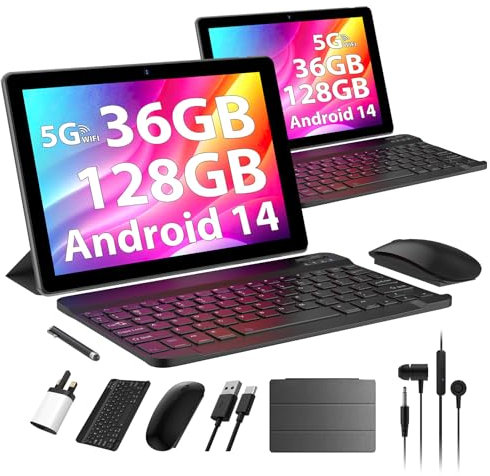 AXETOP 10 Inch Tablet Android 14,36GB RAM+128GB ROM(TF 1TB), Octa Core, 2.0 GHz,5G WiFi, Widevine L1 | Google GMS | 8000mAh | Bluetooth 5.0 | 8MP+5MP | Tablet with Keyboard, Mouse, Case, Stylus - Gray