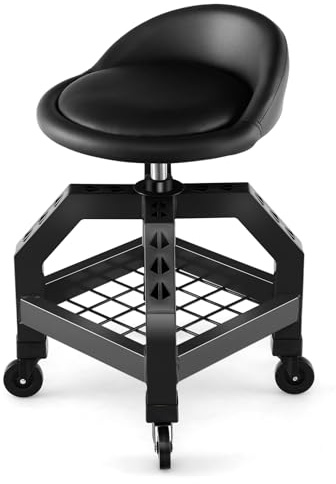 COSTWAY Tabouret d'Atelier Roulant Réglable en Hauteur 66,6-79,5 cm, Siège de Mécanicien avec Plateau à Outils 4 Roues Universelles Charge 150 kg, pour Garage Atelier (Noir)