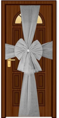 SHATCHI Christmas Door Bow – Silver 7.5m Diamante Giant Bow Door Cover - Front Door Decorations for Xmas Wedding, Baby Shower Outside Home Decor