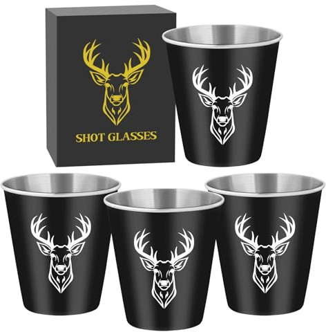 Edelstahl Schnapsgläser mit Weißer Hirschkopf, 4 Stück, 70 ml, mit Box | Geschenke für Jäger, Stapelbar Trinkbecher, Partybecher, Vatertagsgeschenk, Hochzeit, Geburtstage, Picknick, Camping