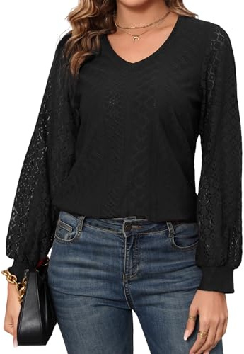Enjyam Damblus spets med V-ringning T-shirt långärmad ledig topp blus vintage chic elegant, svart, XL