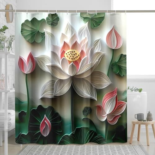 DESIHOM Paper Quilling Art Lotus Shower Curtain Set, 3D Flower Shower Curtain, Modern Floral Bathroom Accessories, Fabric Decorative -78 Inch