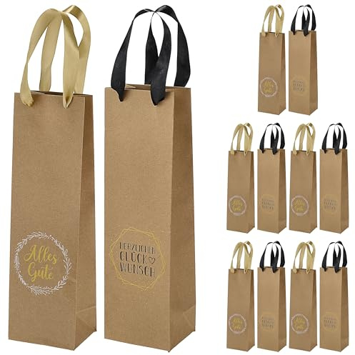 Flaschentüte 'Glückwünsche' 2 Motive 12er Set | 10x35x8cm Papier 160gsm naturfarben | Geschenkverpackung für Flaschen