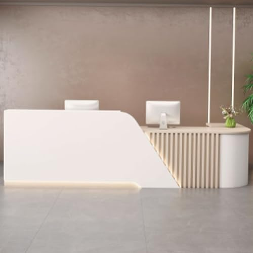 GUQASDV Empfangstresen für Praxis, Reception Desk Modern, Empfangstheke Rezeption, Bürotheke Reception Tisch mit Lager für Schönheitssalons, Kleinunternehmen(White+beige,1.4m)
