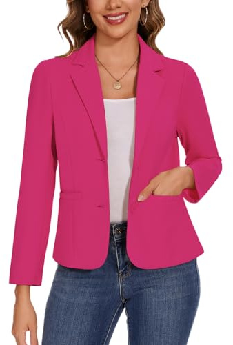 Kyzoeyou Giacca da donna, blazer casual a maniche lunghe, con tasche, bottoni, bavero a coda di rondine, classica, per lavoro, con fodera frontale, Rosa acceso., S