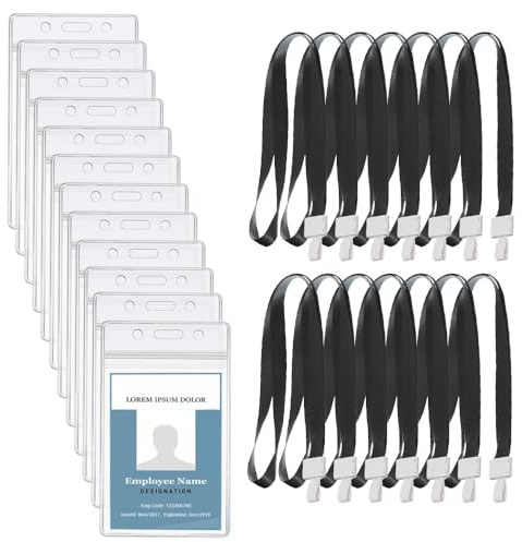 12 Stück Ausweishülle mit Band, 10,2 x 20,4 cm Lang Transparente Wasserdicht Vertikal Kartenhülle, Schlüsselband Mit Kartenhalter für Business, Ausstellung Büro Schule (Schwarz)