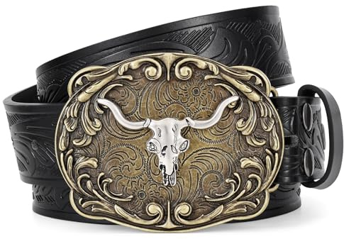 SANSTHS Cowboy Gürtel Westerngürtel für Damen Herren Bullenkopf Schnalle | Geprägt Longhorn Pferd Western Schnalle, Leder Gürtel für Jeans, Cowboy Outfits, Karneval Outfit, Party
