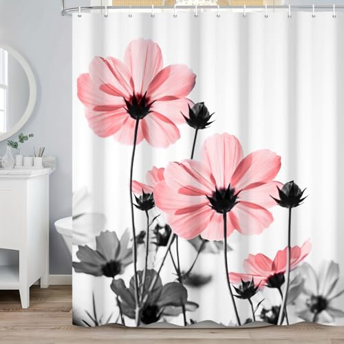ASDCXZ Rosa Blumen Duschvorhang 180x200 cm, Aquarell Rosa Grau Gänseblümchen Blume Rustikal Bauernhaus Wasserdicht Badvorhang Polyester Textil Waschbar Duschvorhänge für Badewanne mit 12 Haken