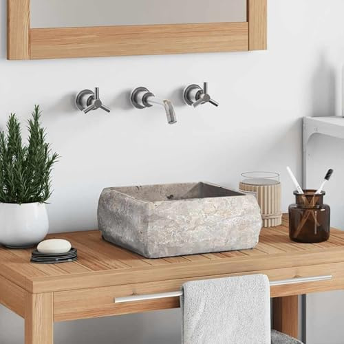 Lavabo da Bagno in Marmo Grigio, Vasca Lavamano Moderna con Foro Scarico, Design Minimalista per Bagno o Toilette, 30 x 30 x 13 cm