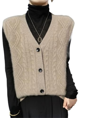 Damen Weste aus Kaschmir, ärmellos, V-Ausschnitt, Merinowolle, mit Twist-Details, Hellbraun, L