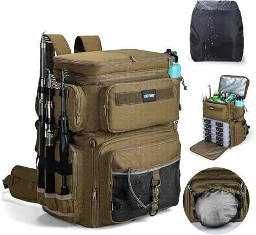 Goture Angelrucksack 66L wasserdicht, 600D Oxford, 3 Rutenhalter | Doppelstöckig mit Exklusivem Fachkonzept, Isolierschicht, Regenschutz & EVA-Bezug – ideal für lange Angeltouren