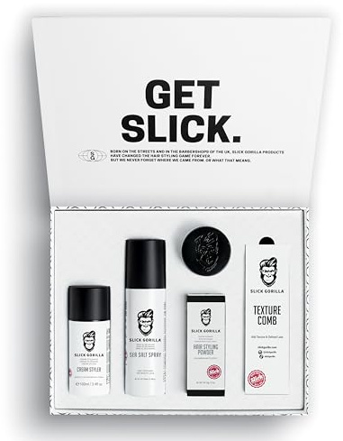 Slick Gorilla Komplett frisyrset – presentset med pulver, ljusarbete, styliserande kräm, havssaltspray och kam för rakt, vågigt eller lockigt hår