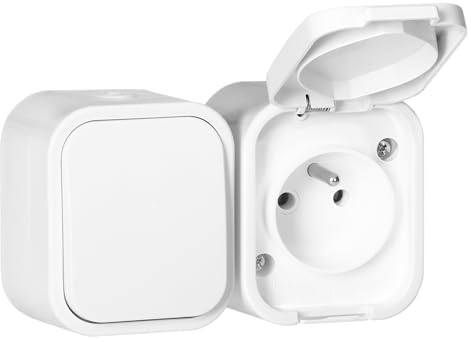 MIRATIC Prise Electrique Type E avec Interrupteur Saillie IP54 - Combiné Prise avec Interrupteur Mural Exterieur Etanche - Kit Prise Interrupteur Etanche pour Garage et Atelier (blanc)