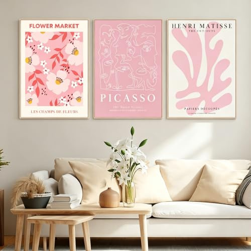 JANAGIN Abstrakte Blumen Leinwand Bilder 3er Set, Moderne Bilder Wohnzimmer Poster Set, Rosa Wandbilder für Schlafzimmer, Ohne Rahmen (30x40 cm)