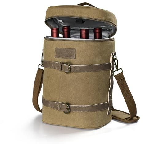 Kato Tirrinia 4 Bottle Insulated Wine Cooler Bag Travel Padded Wine Carrier Tote Bag for Picnic Beach and Camping, Wine Lover Gift Khaki