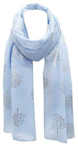 World of Shawls Silverfolie mullbärsträd tryck mode halsduk, Baby blå,