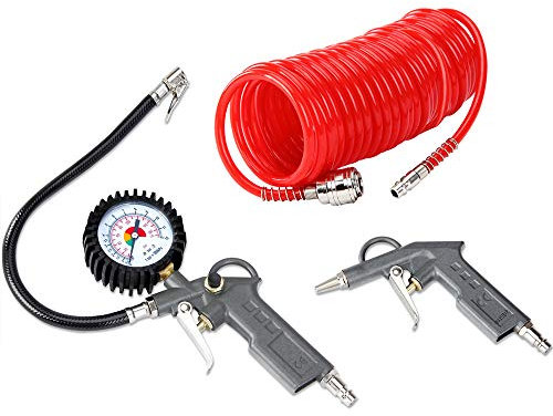 Kit Compresseur Manometre Pneu Tuyau en Spirale 5 m Ressort Amortisseur Auto Pistolet de gonflage à Air comprimé protection anticourbures