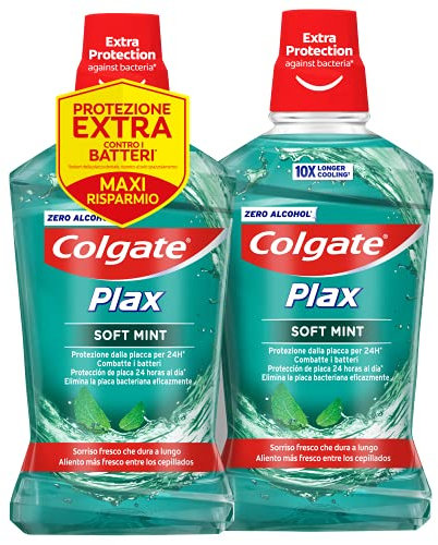 Colgate Collutorio Plax Soft Mint Green 2 Confezioni da 500 ml I Con Ingrediente Antibatterico I Protezione dalla Placca per 24H I Gusto Menta I Rilascia una nuova piacevole sensazione di freschezza