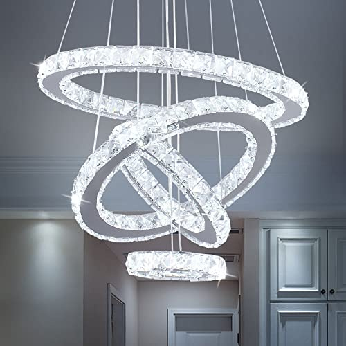 Lámpara colgante de cristal LED, lámpara de techo moderna, lámpara colgante ajustable con cuatro anillos de color blanco frío (60W blanco frío)