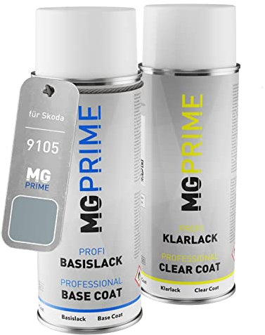MG PRIME Autolack Sprühdosen Set für Skoda 9105 Silber Metallic/Saphir Metallic Basislack Klarlack Spraydose 400ml