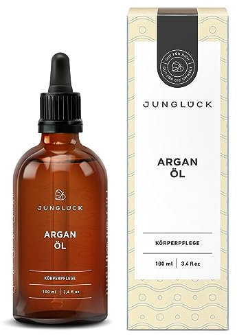JUNGLÜCK Arganöl BIO 100ml - Vegan | 100% Rein, Natürlich kaltgepresstes Öl mit entzündungshemmender Wirkung | Leichtes Argan Oil gleicht die Haut aus und wirkt antioxidativ