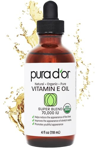 PURA D'OR 4 Oz Organic Vitamin E Oil 70,000 IU, USDA Certified Face, Body, Hair & Bath Oil with Argan, Jojoba, Rosehip, Apricot, Almond & Avocado, Lightweight Moisturizing Blend for Soft, Smooth Skin