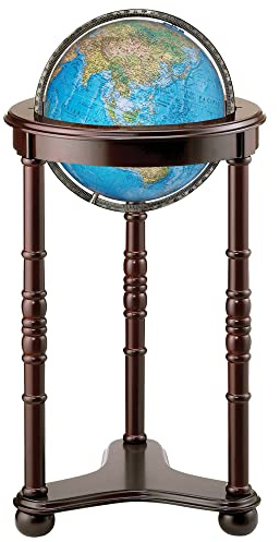 Lancaster Illuminated 12 Diameter Globe, USA Cartography with Cherry Finsihed Hardwood Stand and Blue Ocean Globe Ball. Features a blue illuminated globe ball, that has dual cartography. The two-way map and raised-relief design of this 12 globe provide a standard view of the physical world or an illuminated display of the political world.