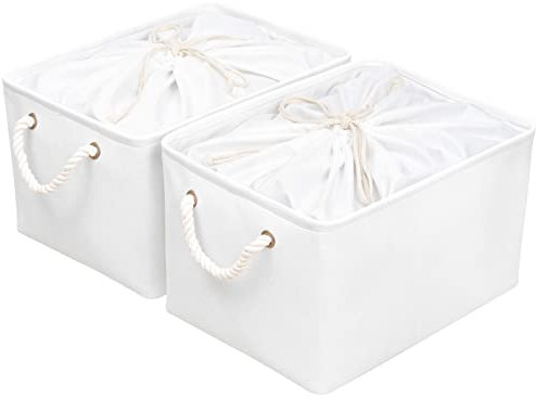 OUTBROS Große Aufbewahrungskorb, 38x28x26cm cm Stoff Aufbewahrungsboxen mit Kordelzug und Griffen, Faltbare Aufbewahrungsbehälter Ablagekörbe (Weiß, 2-Pack)