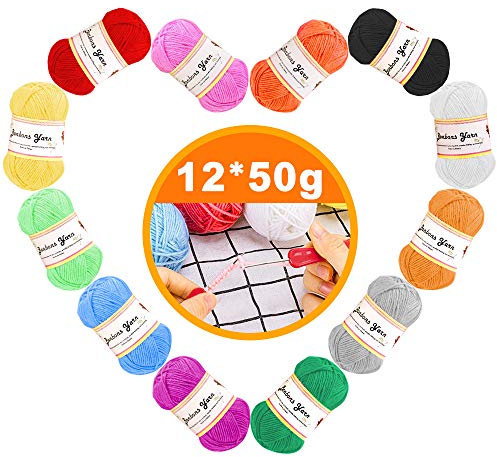 12x50g Wolle - Wolle zum Häkeln/Stricken, Acryl 12 Farben Häkelgarn Baumwollgarn Häkelwolle, Wolle Bunt Strickgarn Strickwolle Häkkelgarn Baumwolle für Anfänger (mit 2 Häkeln)