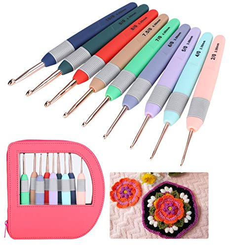 9Stücke/Set Häkelnadeln, Ergonomische Häkelnadeln Set Stricknadelwebwerkzeuge mit weichem Griff für Arthritis und Anfänger