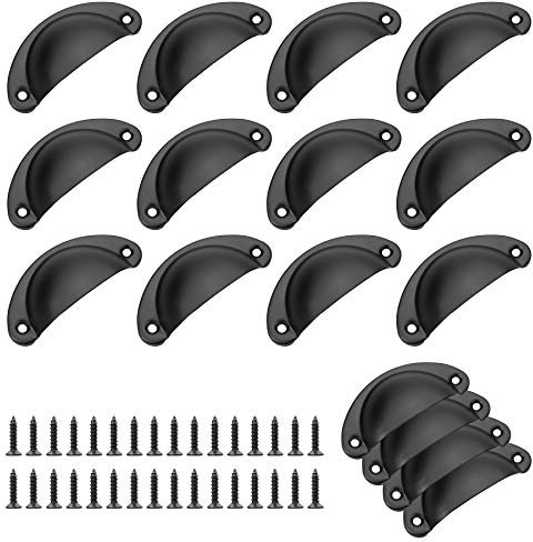 Bateya 16Pcs Door Drawer Cabinet Iron Shell Cup Handle, Antique Retro Furniture Knobs Kitchen Cupboard Door Knobs Metal Vintage Shell Pull Handles with Screws (Black)